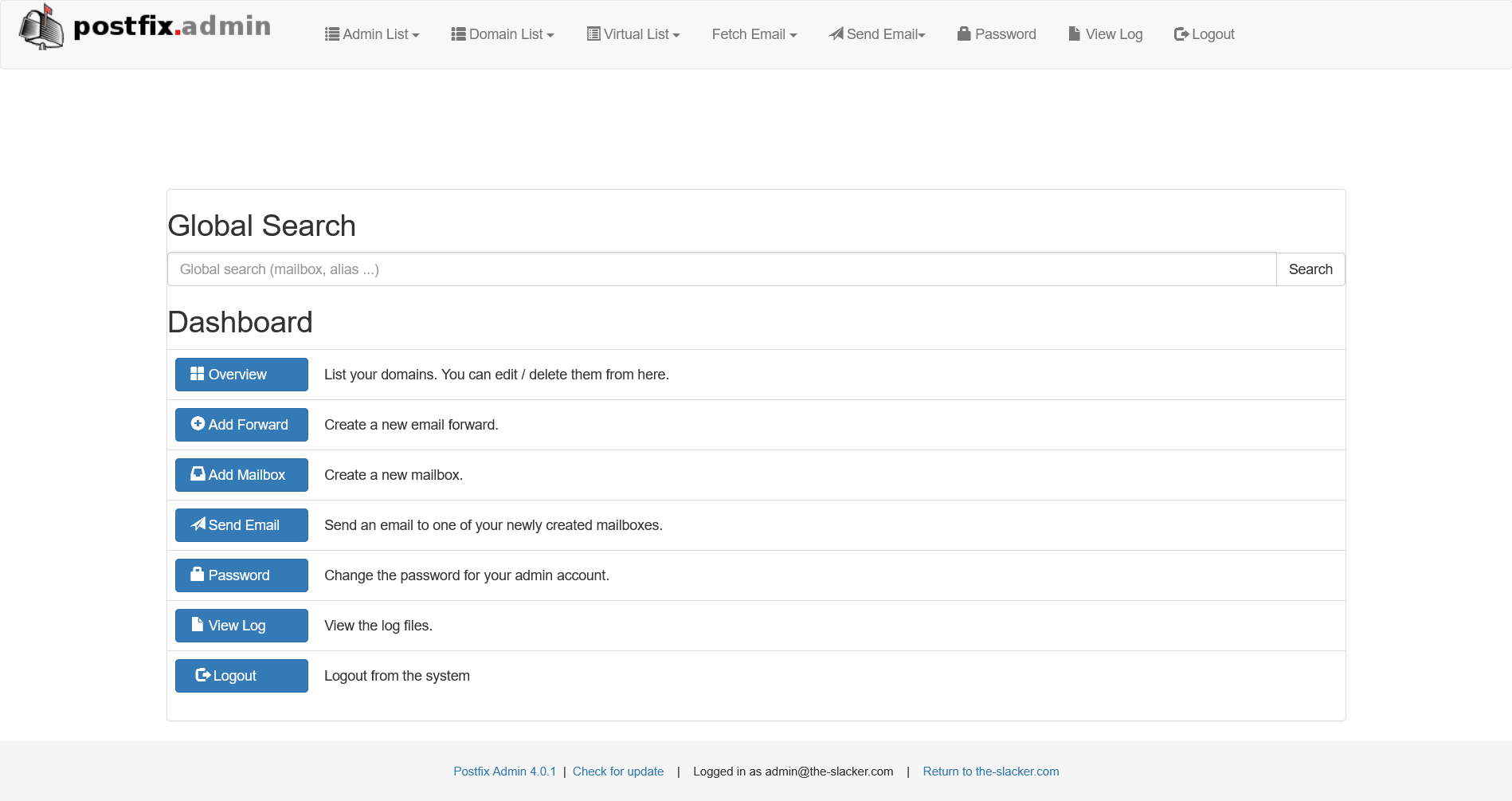 Slackware Linux PostfixAdmin Screenshot